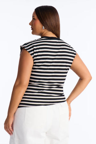 Malia Striped Asymmetrical Ruched Short Sleeve Top