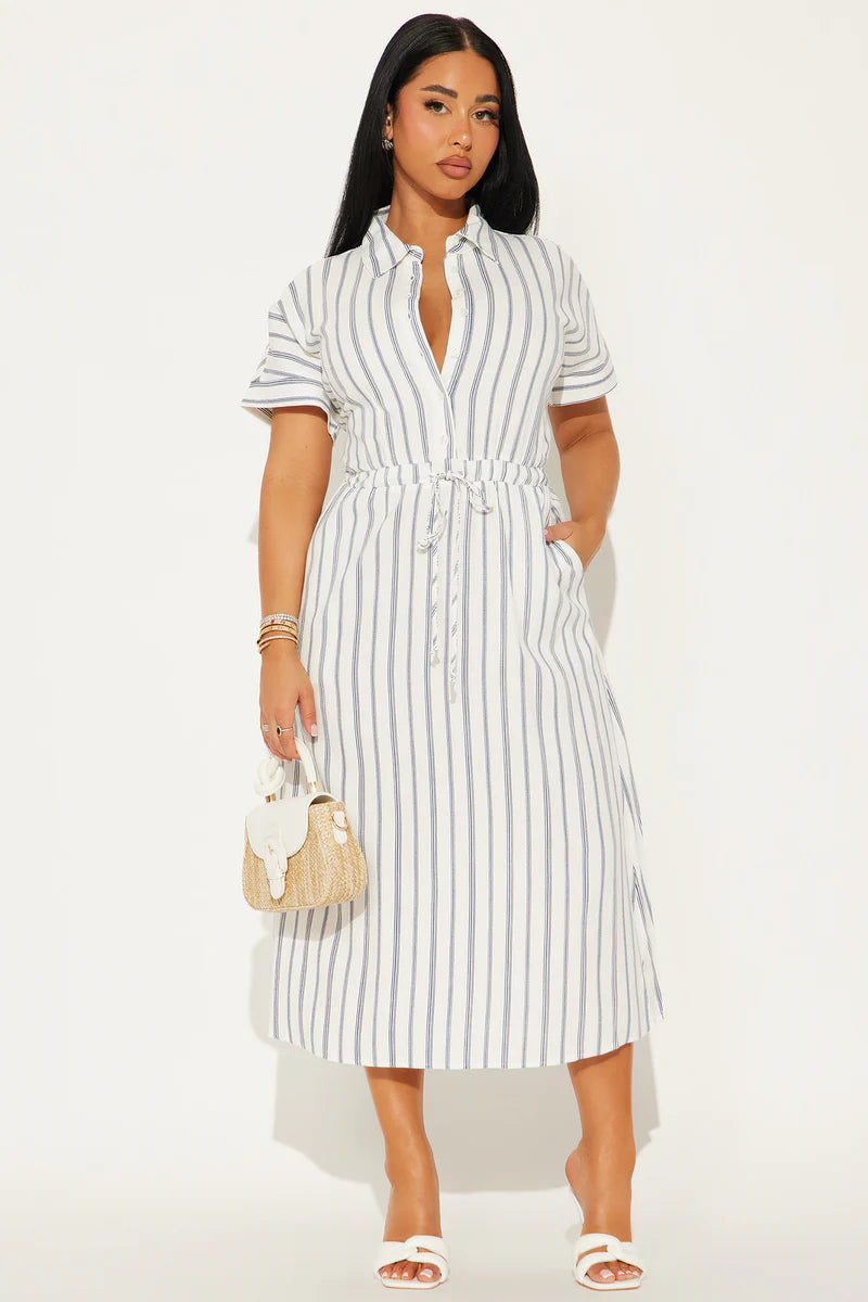 Casual Day Pinstripe Linen Midi Dress