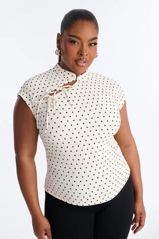 Mina Textured Polka Dot Mock Neck Short Sleeve Top