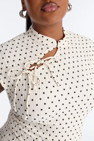 Mina Textured Polka Dot Mock Neck Short Sleeve Top