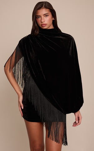 Black Velvet Cape Tassel Hem Mini Dress