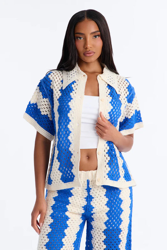 Shoreline Symphony Crochet Pant Set - Blue/combo