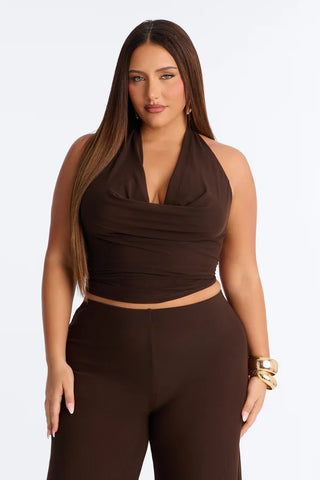 After Dark Behavior Mesh Halter Pant Set - Chocolate
