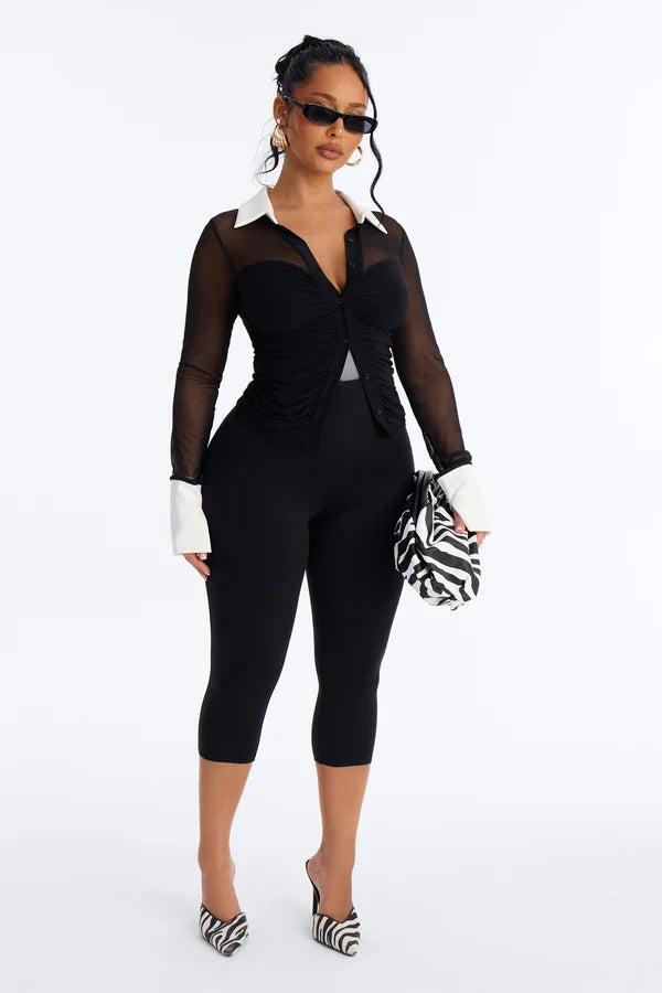 Strictly Yours Ruched Mesh Long Sleeve Shirt