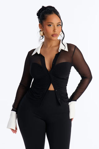 Strictly Yours Ruched Mesh Long Sleeve Shirt