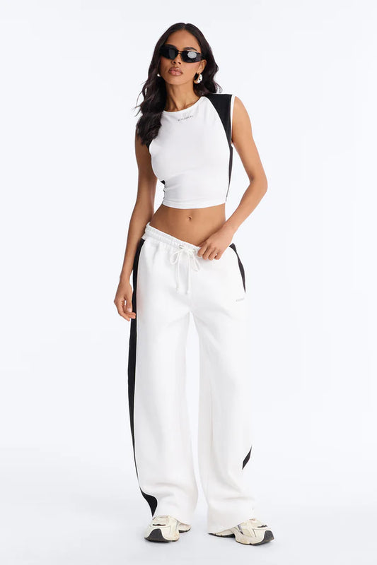 Athleisure Day Fleece Barrel Leg Pant Set - White/Black