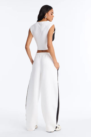 Athleisure Day Fleece Barrel Leg Pant Set - White/Black