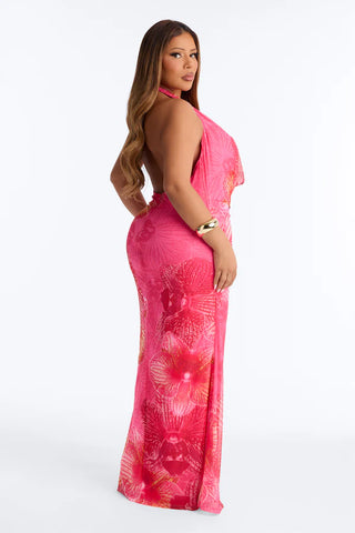 Tropic Muse Halter Mesh Maxi Dress - Pink/combo
