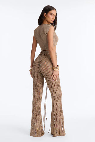 Island Glow Embellished Crochet 3 Piece Pant Set - Champagne