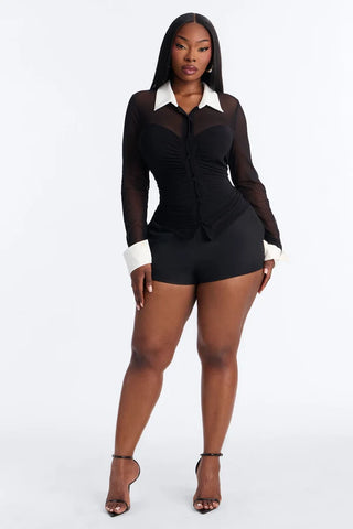 Strictly Yours Ruched Mesh Long Sleeve Shirt