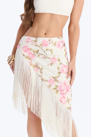Something Sweet Floral Fringe Trim Midi Skirt - Ivory/combo
