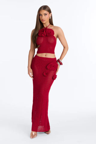 Sadie Floral Crochet Maxi Skirt Set - DarkRed
