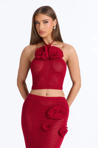Sadie Floral Crochet Maxi Skirt Set - DarkRed
