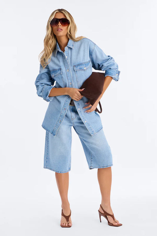 Going Downtown Denim Belted Jort Set