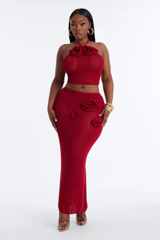 Sadie Floral Crochet Maxi Skirt Set - DarkRed