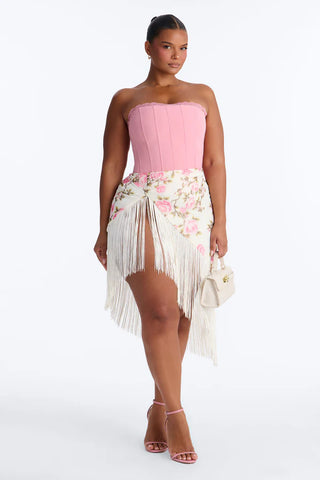 Something Sweet Floral Fringe Trim Midi Skirt - Ivory/combo