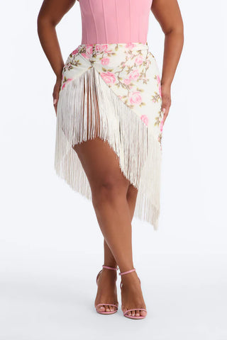 Something Sweet Floral Fringe Trim Midi Skirt - Ivory/combo