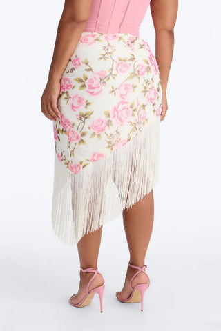 Something Sweet Floral Fringe Trim Midi Skirt - Ivory/combo