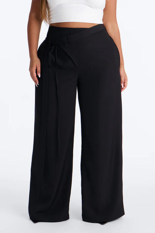 Center of Attention Asymmetrical Waist Wide Leg Trousers
