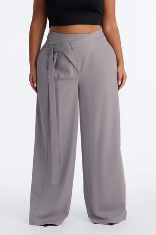 Center of Attention Asymmetrical Waist Wide Leg Trousers