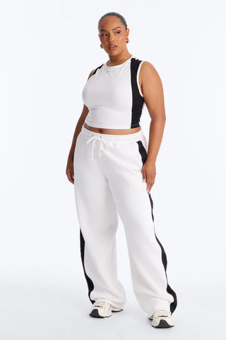 Athleisure Day Fleece Barrel Leg Pant Set - White/Black