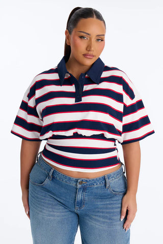 Caroline Striped Sinched Waist Short Sleeve Polo