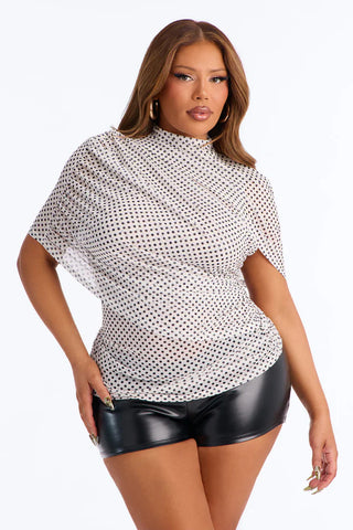 Kendall Mesh Polka Dot Mock Neck Short Sleeve Top