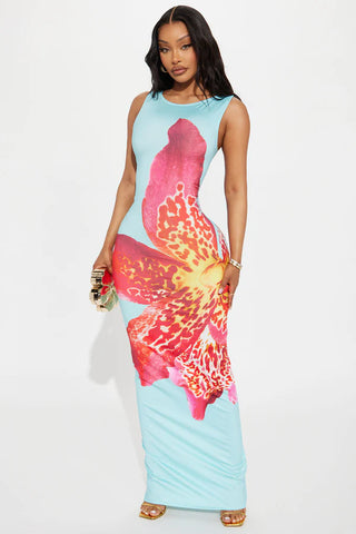 Catalina Floral Backless Maxi Dress - Turquoise/combo