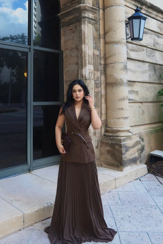 Aria Belted Blazer Pleated Maxi Skirt Set