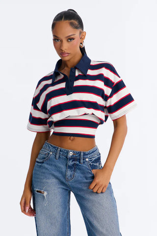 Caroline Striped Sinched Waist Short Sleeve Polo