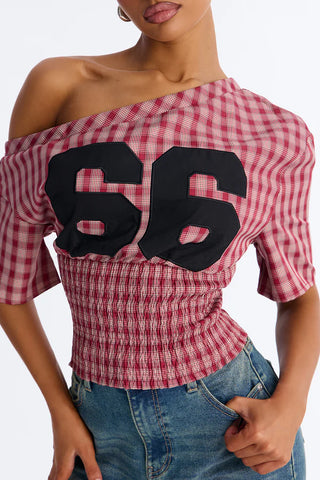Plaid And Sporty Off Shoulder Top