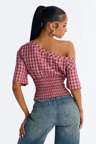 Plaid And Sporty Off Shoulder Top