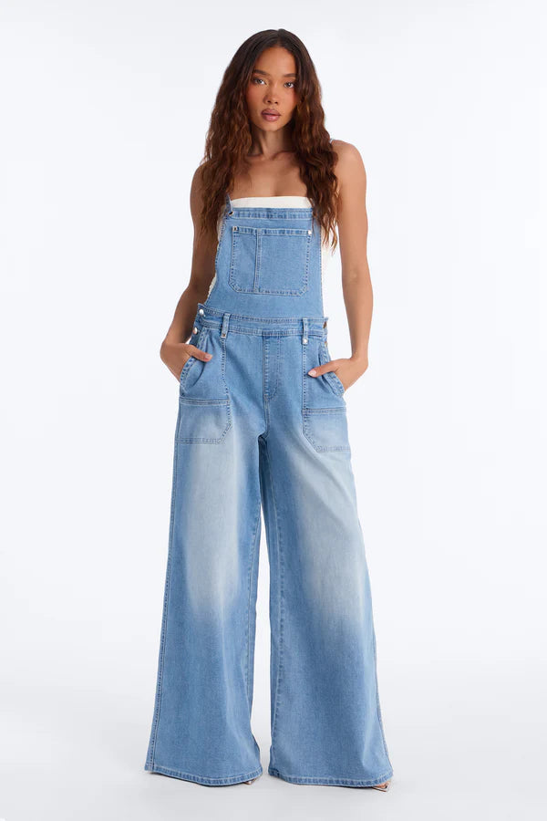 Summer Abroad Linen Blend Denim Overalls - Light Wash