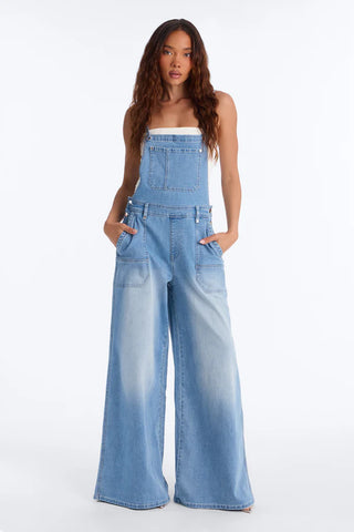 Summer Abroad Linen Blend Denim Overalls - Light Wash