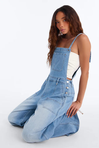 Summer Abroad Linen Blend Denim Overalls - Light Wash