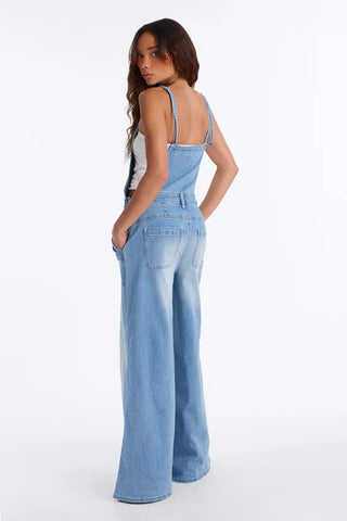 Summer Abroad Linen Blend Denim Overalls - Light Wash