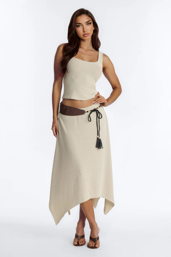 Halley Asymmetrical Belted 3 Piece Skirt Set - Brown/combo