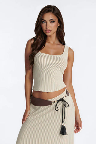 Halley Asymmetrical Belted 3 Piece Skirt Set - Brown/combo