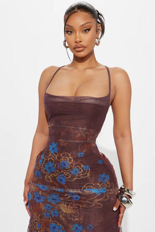 Delani Cowl Neck Mesh Maxi Dress