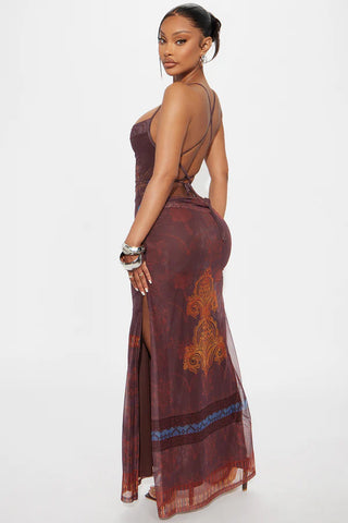 Delani Cowl Neck Mesh Maxi Dress