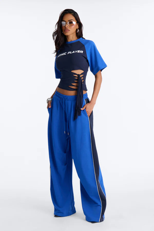 Iconic Player Cut Out Fringed Pant Set - Blue/combo