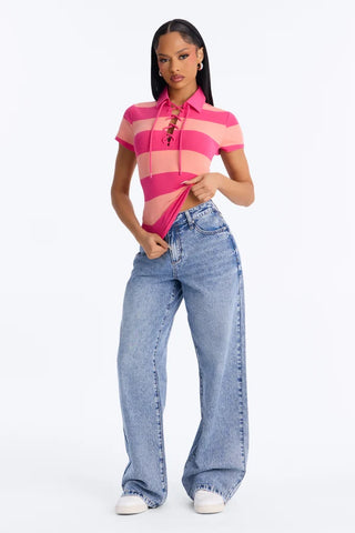 Khai Striped Lace Up Short Sleeve Polo Top