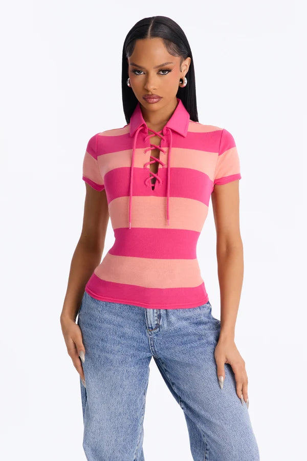 Khai Striped Lace Up Short Sleeve Polo Top