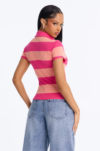 Khai Striped Lace Up Short Sleeve Polo Top