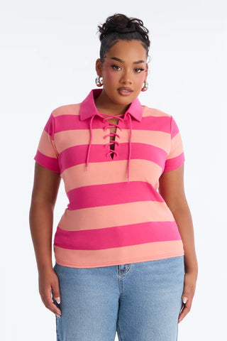 Khai Striped Lace Up Short Sleeve Polo Top