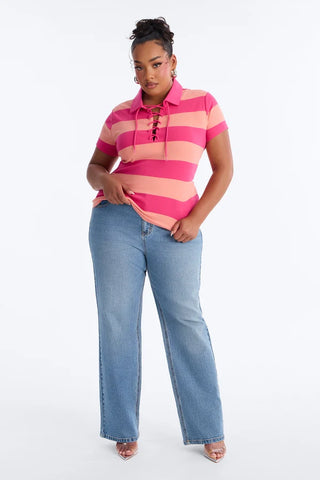 Khai Striped Lace Up Short Sleeve Polo Top