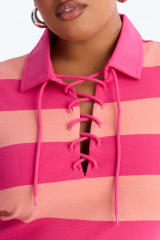 Khai Striped Lace Up Short Sleeve Polo Top