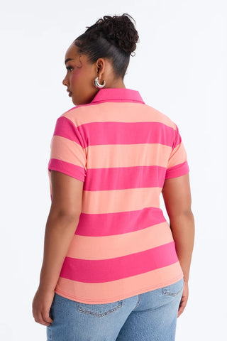 Khai Striped Lace Up Short Sleeve Polo Top
