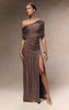 Double Layer Slinky Bardot One Shoulder Ruched Maxi Dress