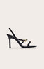 Black Buckle Asymmetric Strap Round Toe Heeled Sandals